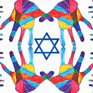 Colorful hands around a Star of David.