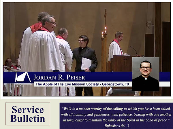 Image of Jordan Peiser being confirmed in his call by the Lutheran Church Missouri Synod.