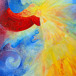 An angel blowing his trumpet.