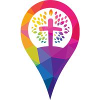 Image of a cross positioned inside of a colorful tear-drop shaped speech bubble. another hand.