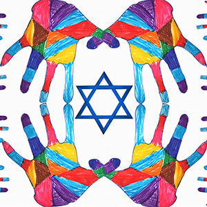 Colorful hands around a Star of David