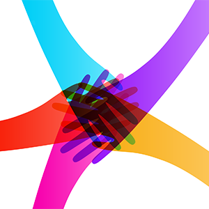 Multicolored hands overlapping one another.