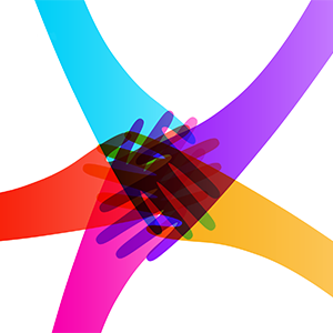 Multicolored hands overlapping one another