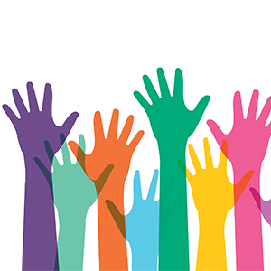 A series of children's hands raised to ask a question.