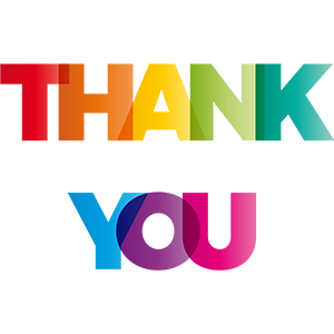 Image of words thank you in colorful lettering.