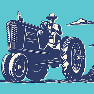 A vintage print of a farmer riding an old tractor.