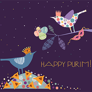 Two birds wishing one another happy Purim from different perches in a tree.