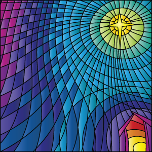 A modern multi-colored stained glass window.