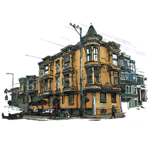 A street corner in San Francisco with victorian-style-buildings.