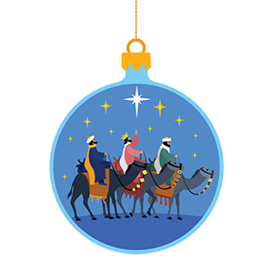 Christmas ornament of three rise men riding camels across the desert to visit Bethlehem.